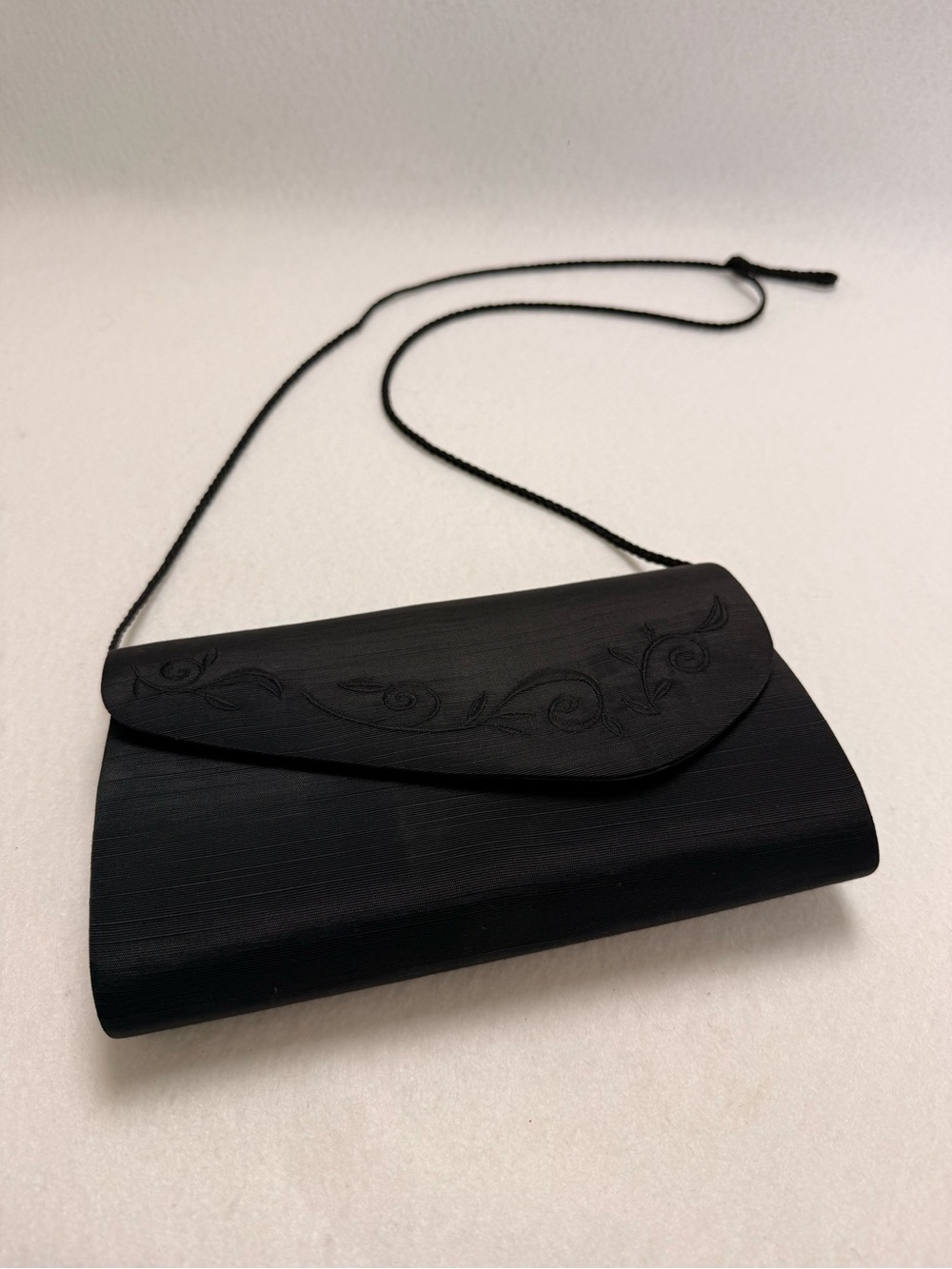 Black Grosgrain Embroidered Floral Clutch Crossbody Bag Rope Strap
